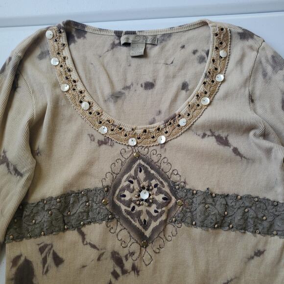 Boho Fairy Grunge Shirt Womens Large Beige Beaded Crochet Embroidered Rhinestone - Picture 2 of 7